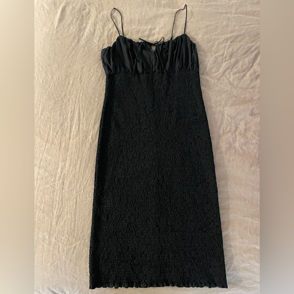 J Crew Smocked Tie-Front Dress in Black Cotton Poplin sz 14